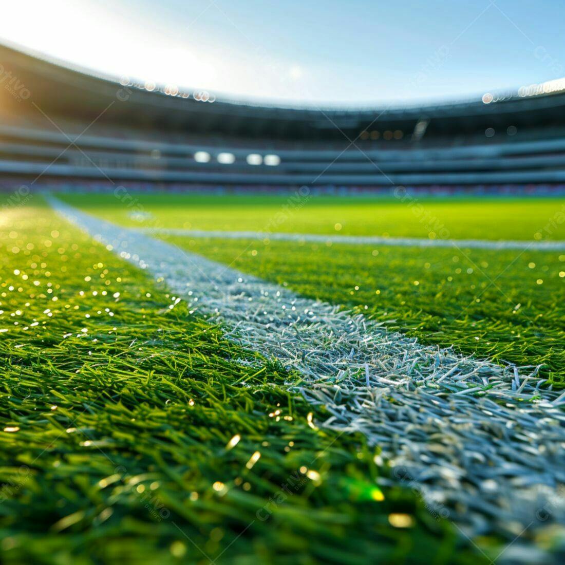 Gramado de futebol com linha branca em estádio