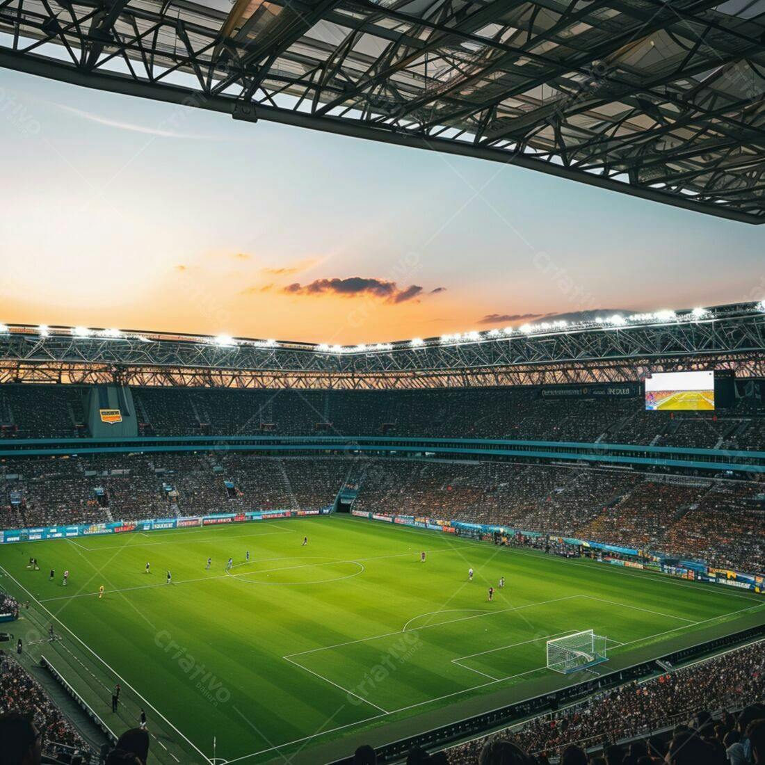Jogo de futebol ao entardecer em estádio lotado
