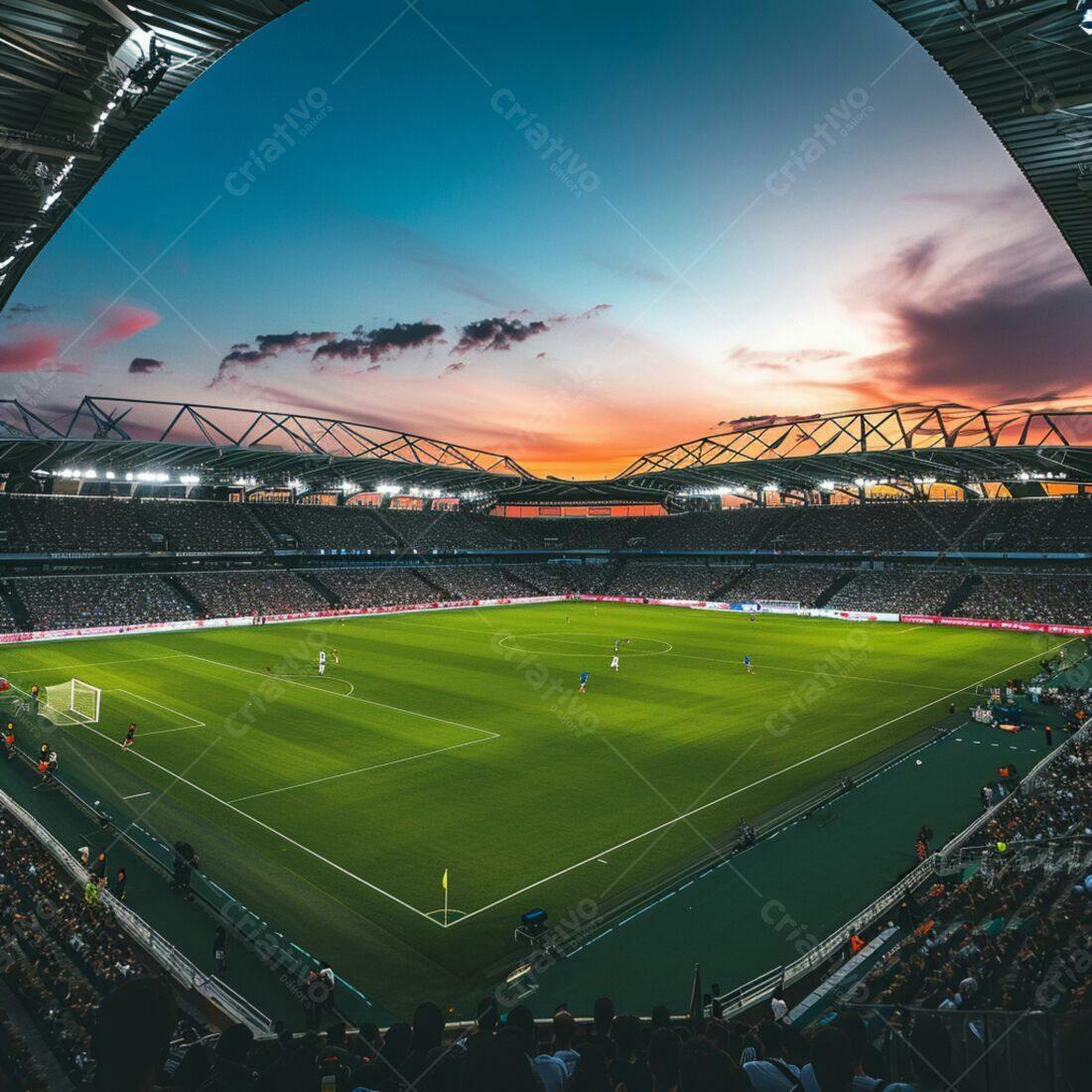 Jogo de futebol ao entardecer em estádio lotado