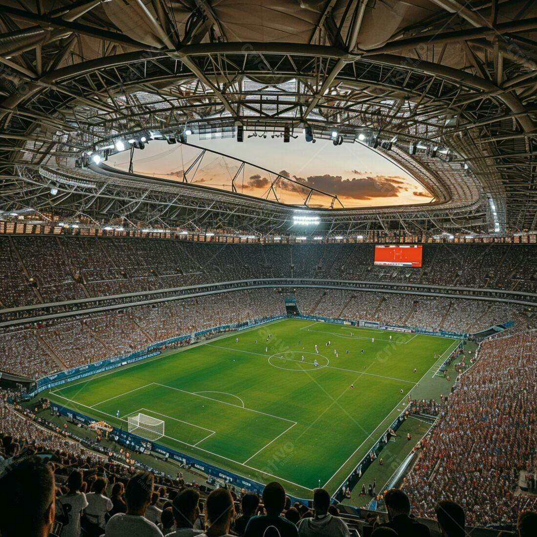 Estádio lotado em jogo de futebol ao entardecer