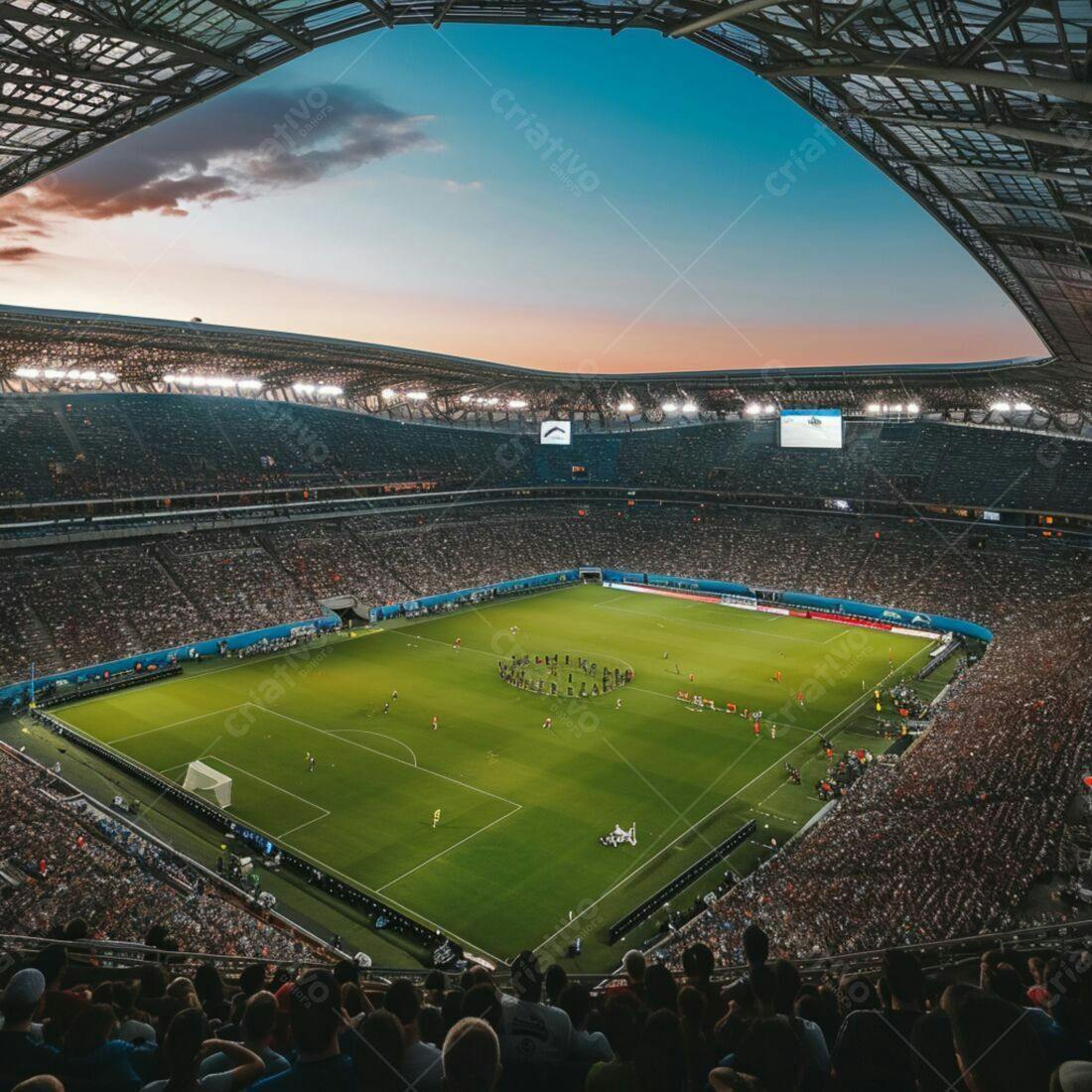 Estádio lotado em jogo de futebol ao entardecer