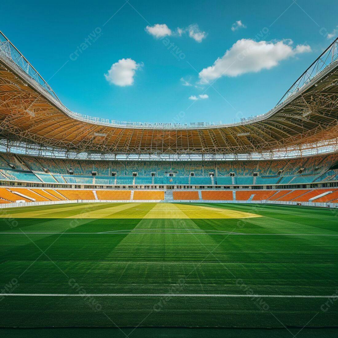 Estádio moderno com arquibancadas laranja e azul