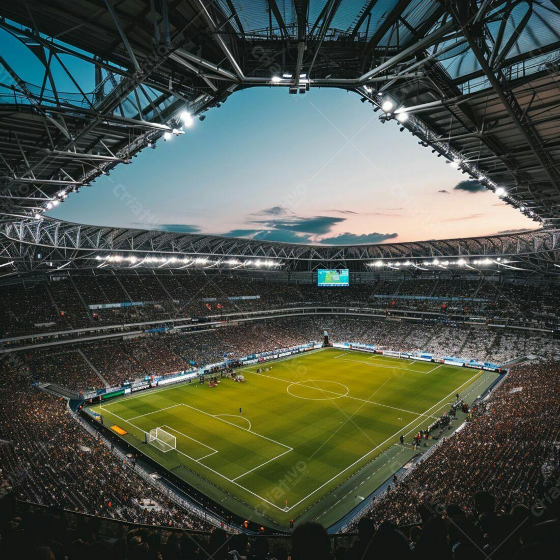 Estádio de futebol lotado ao entardecer