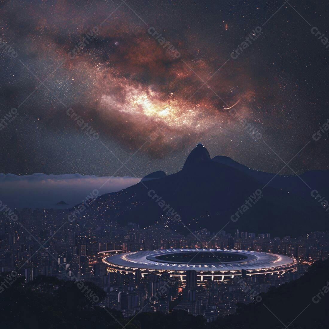 Rio de Janeiro noturno com estádio e Via Láctea