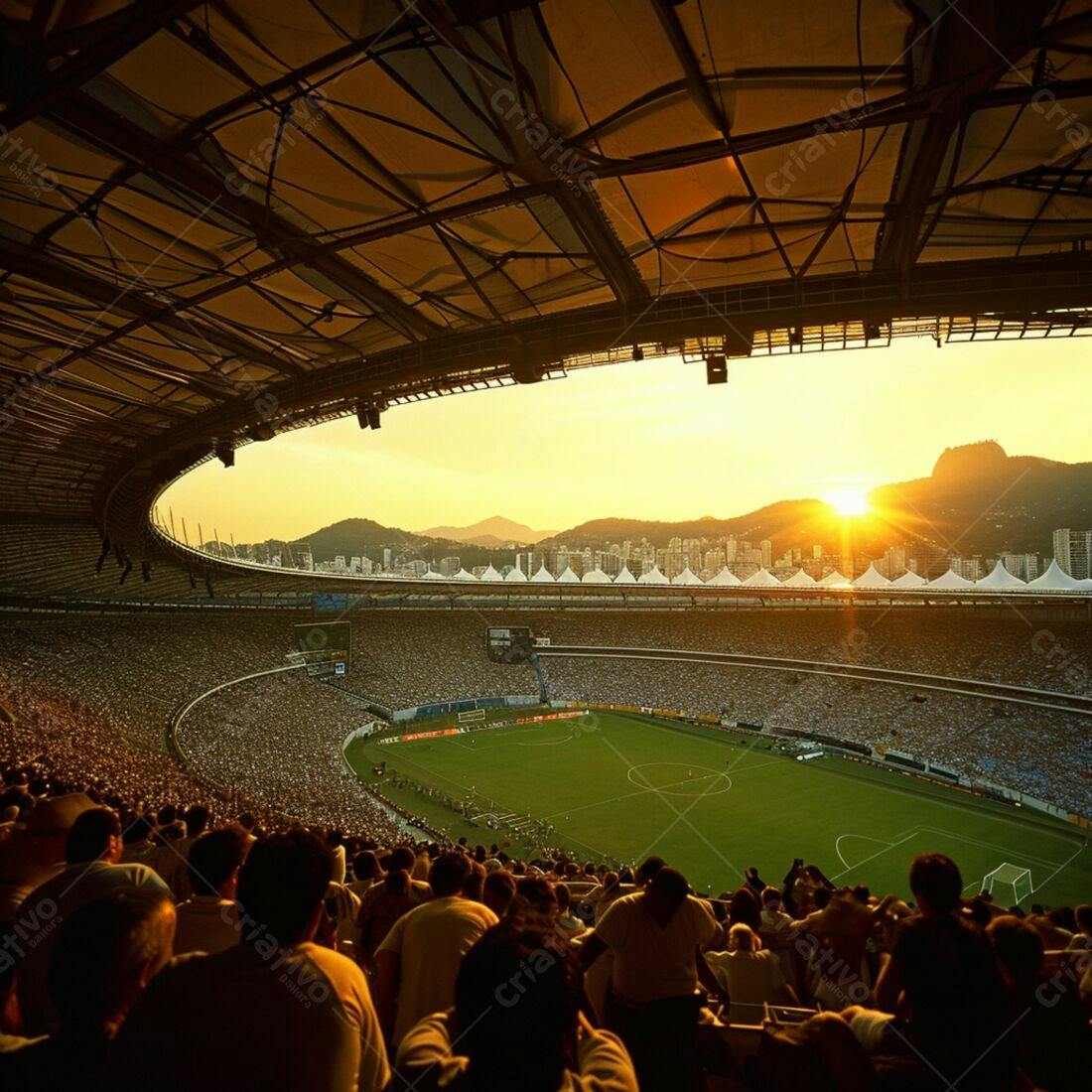 Estádio lotado ao pôr do sol