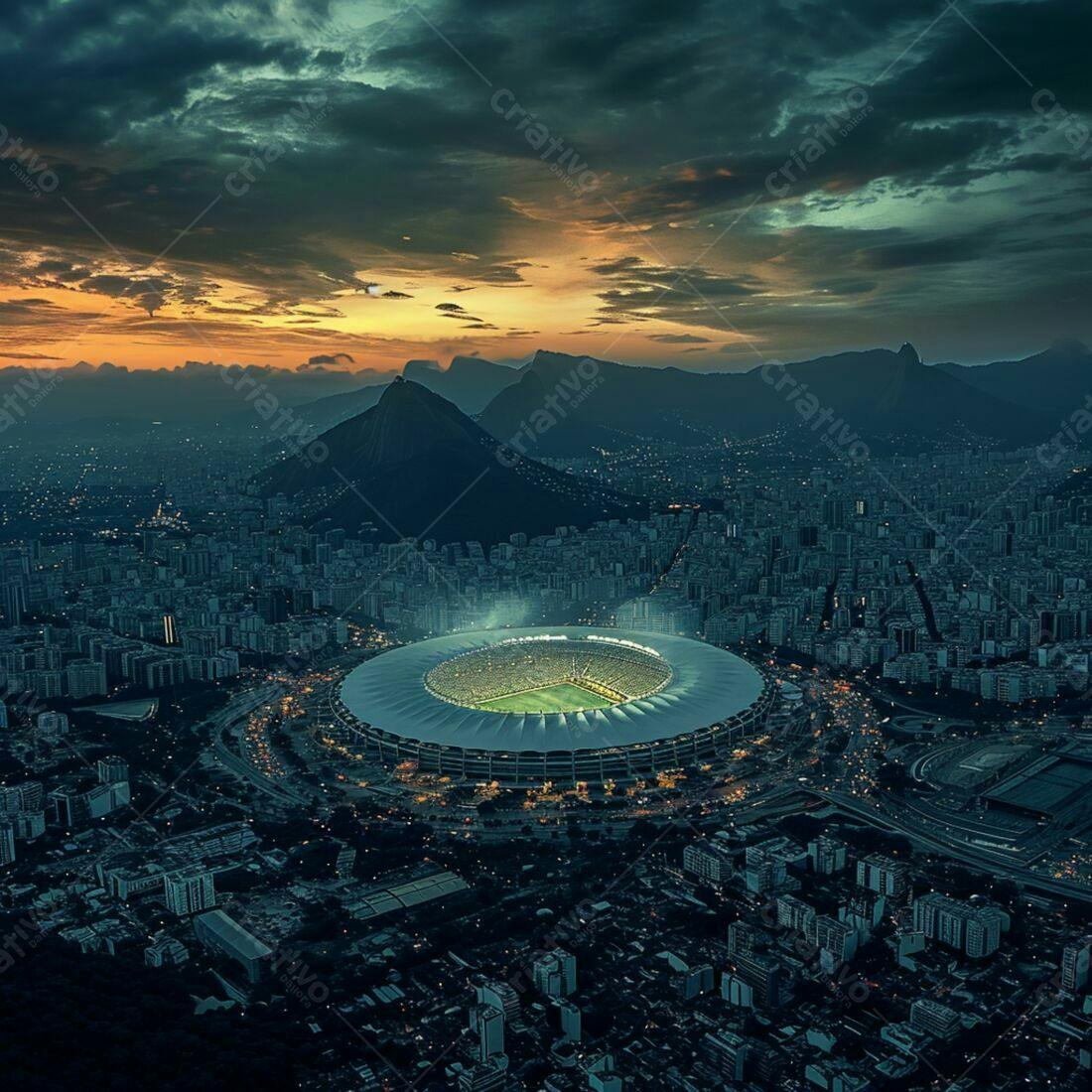 Estádio iluminado ao entardecer no Rio de Janeiro