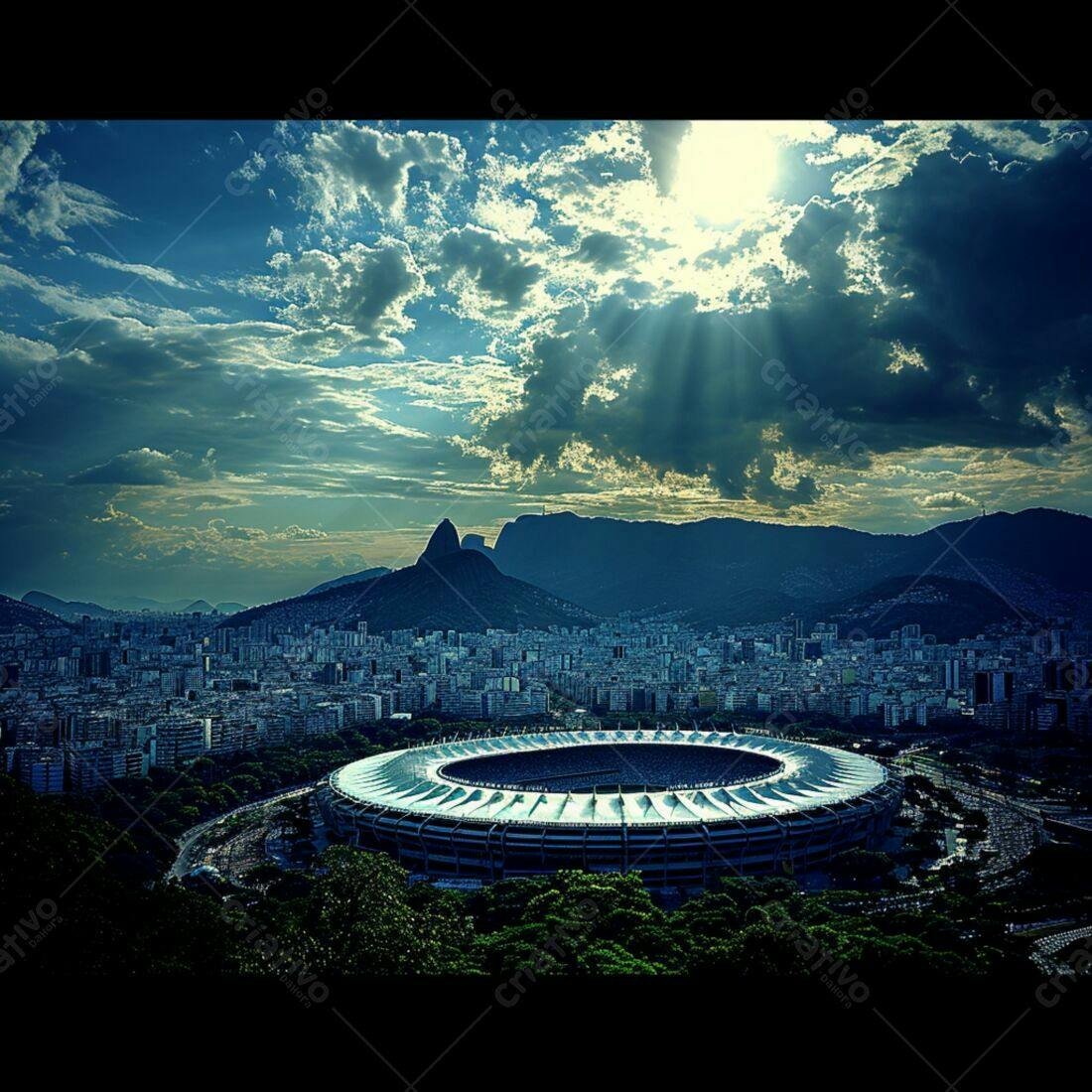 Estádio com vista panorâmica do Rio de Janeiro ao entardecer