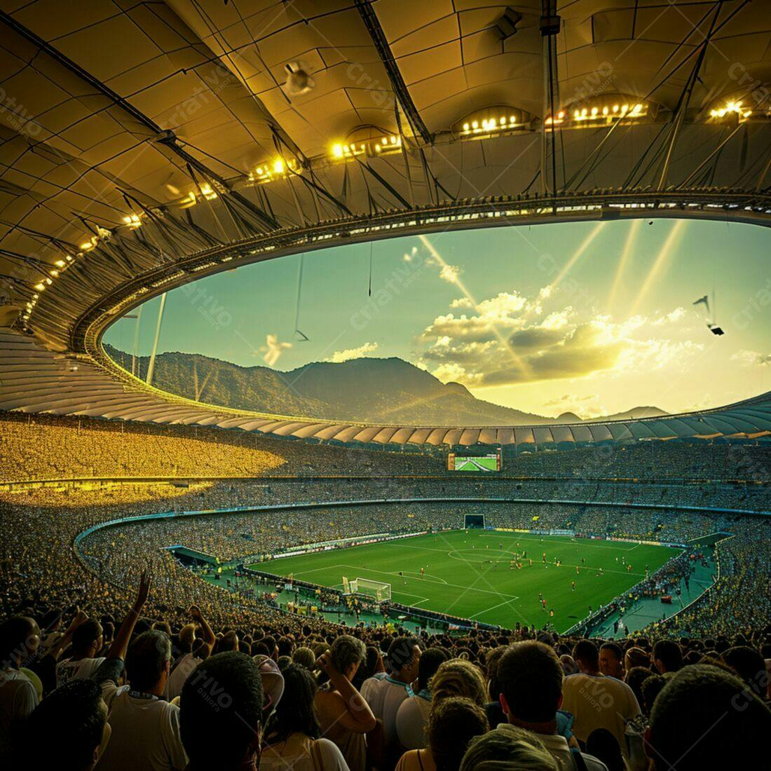 Estádio lotado ao pôr do sol