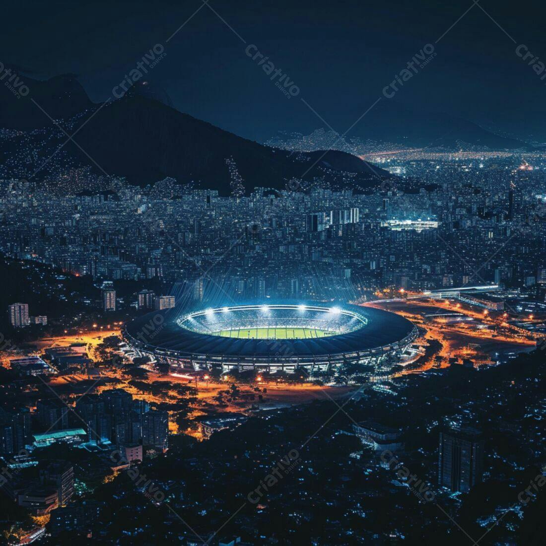 Estádio iluminado à noite em cidade montanhosa