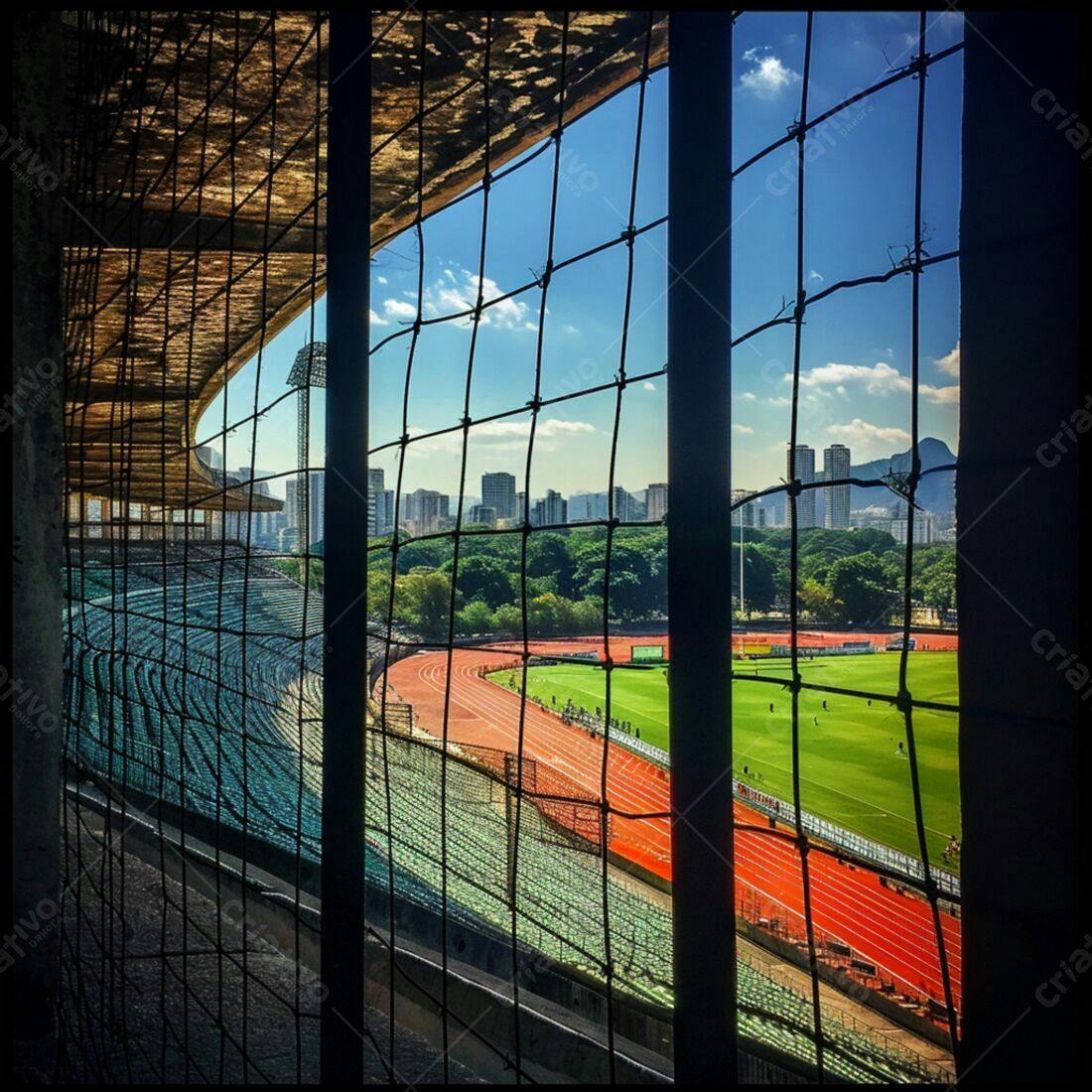 Estádio visto por grade metálica dia ensolarado