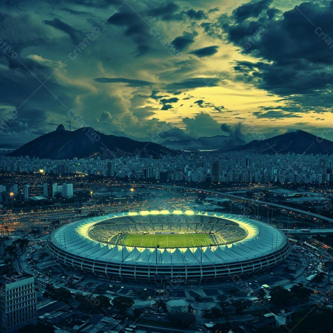 Estádio iluminado em Rio de Janeiro ao entardecer