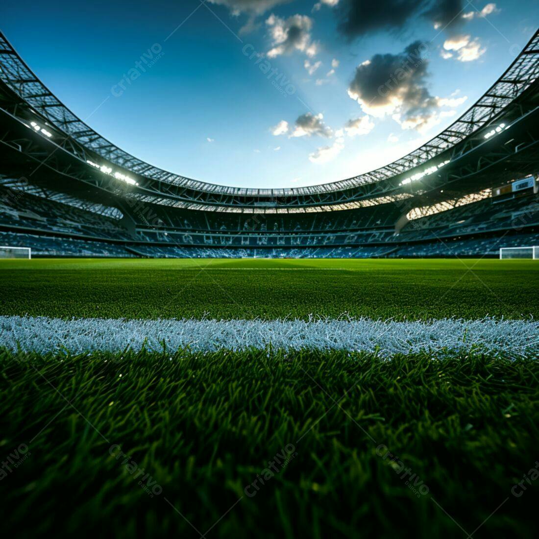 Campo de futebol em estádio moderno ao entardecer