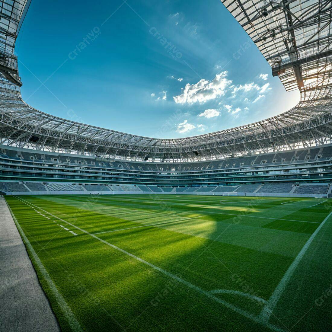 Estádio de futebol moderno vazio sob céu azul