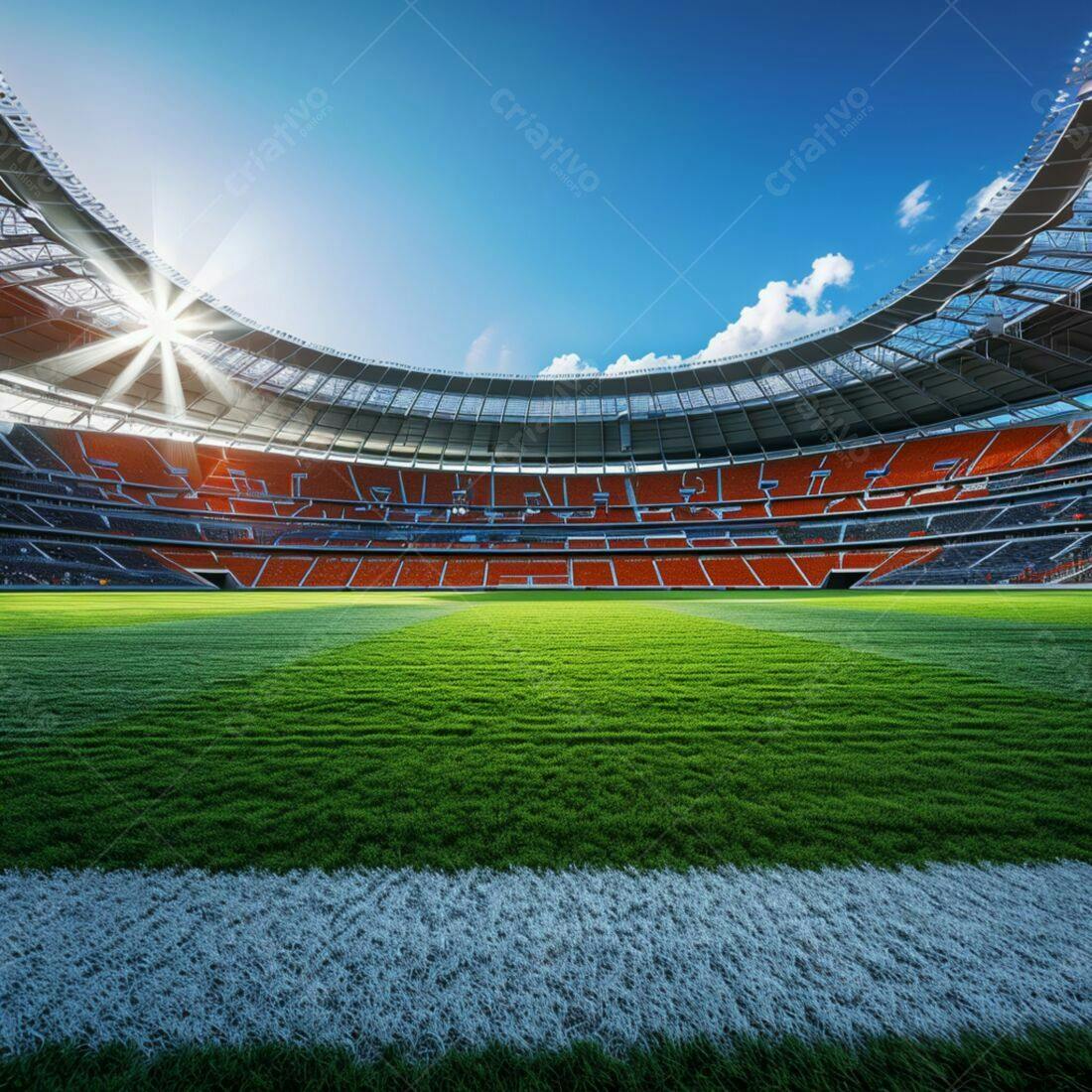 Estádio de futebol vazio sob sol brilhante