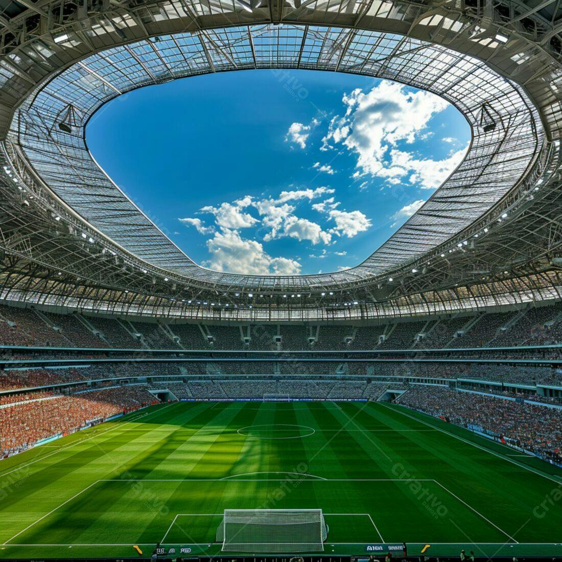 Estádio lotado com céu azul ensolarado