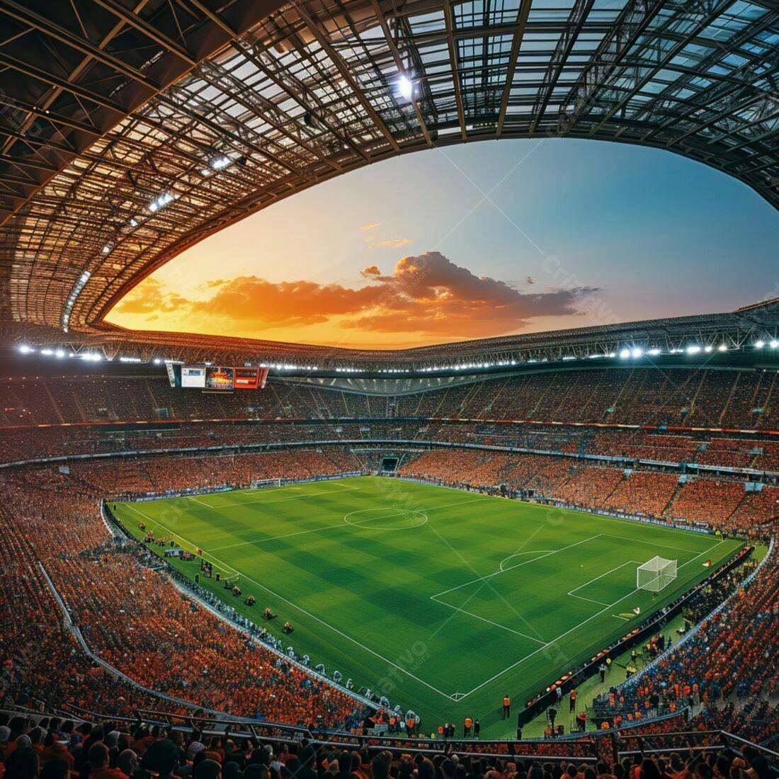 Estádio lotado ao pôr do sol