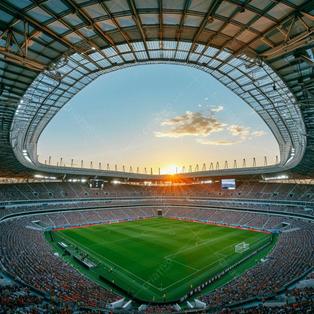 Estádio lotado ao pôr do sol