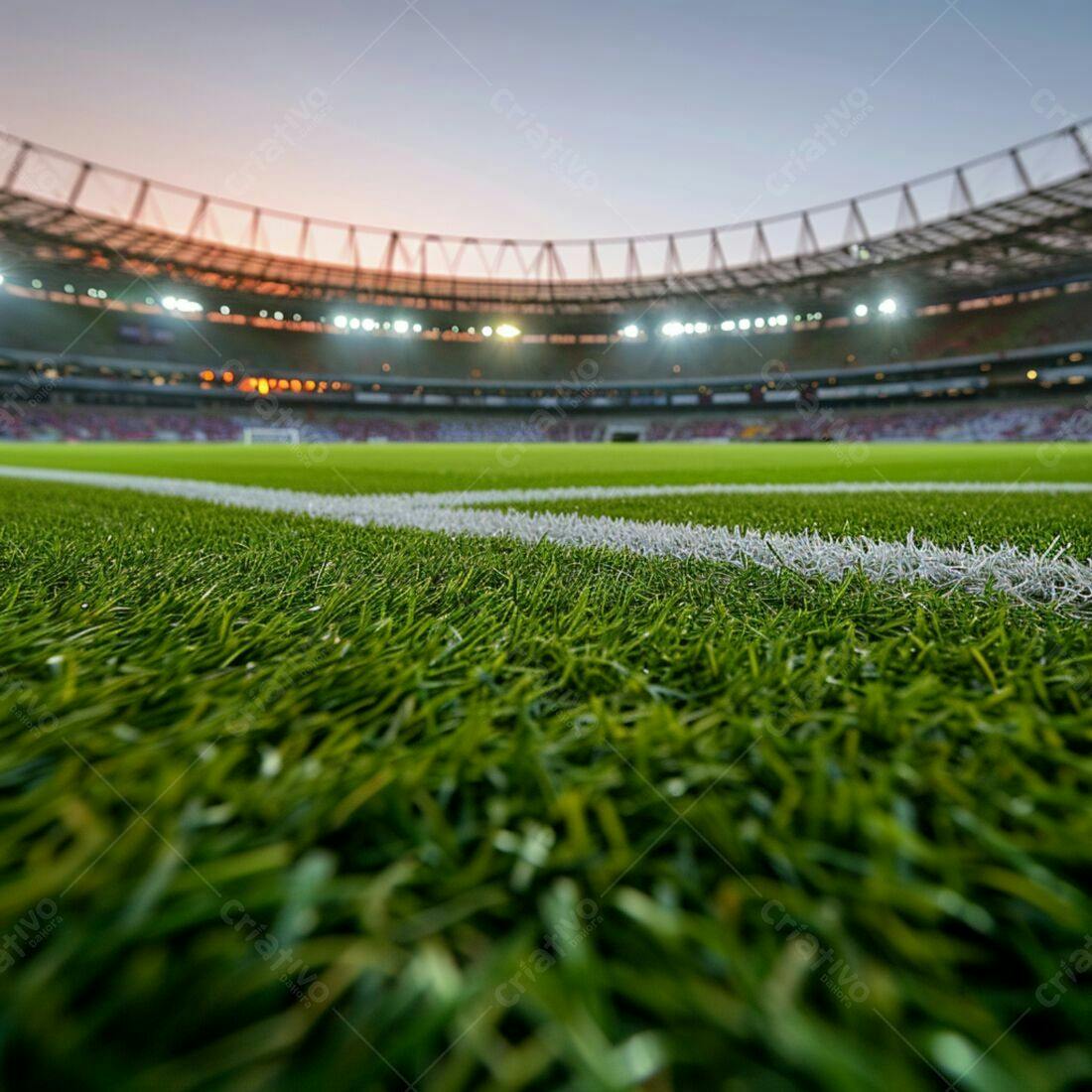 Gramado de futebol ao entardecer