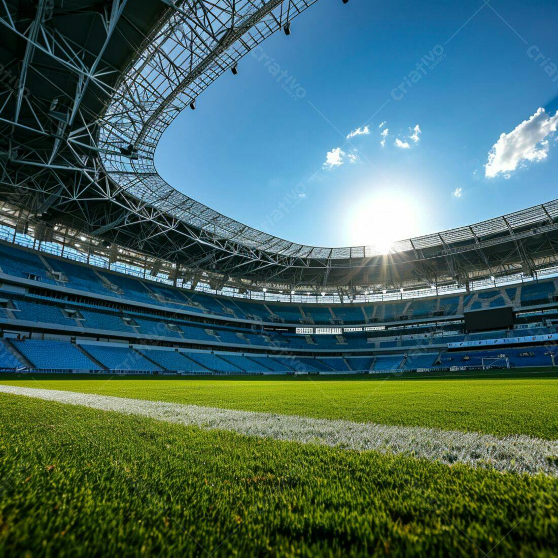 Estádio de futebol moderno sob sol brilhante