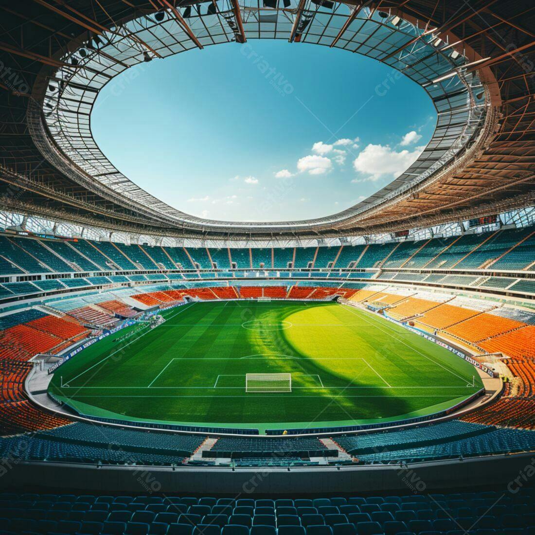 Estádio de futebol moderno sob céu azul