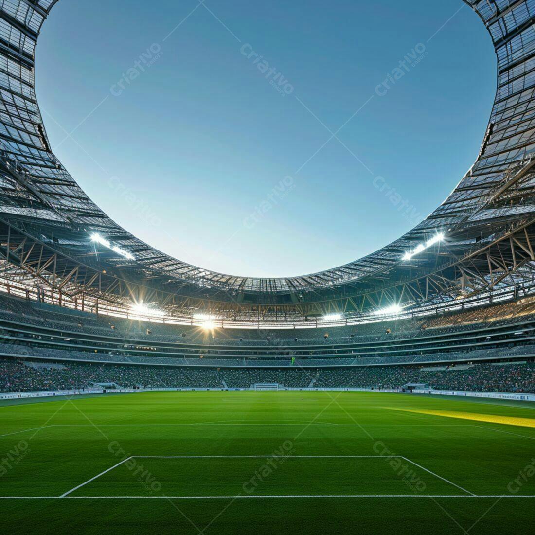 Estádio de futebol moderno vazio ao entardecer
