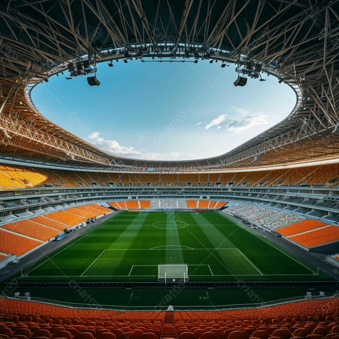 Estádio de futebol moderno com arquibancadas laranja