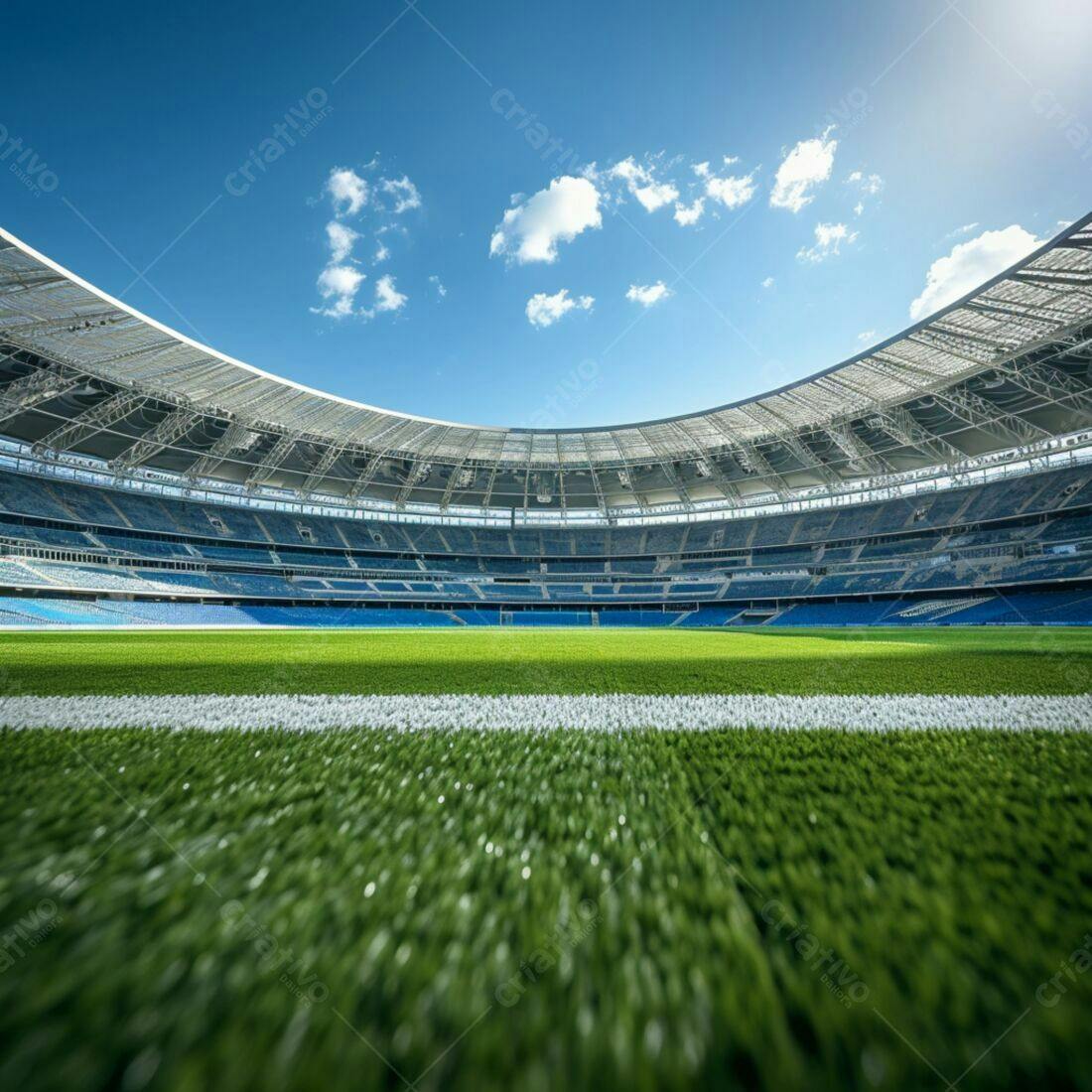 Estádio de futebol moderno sob céu azul