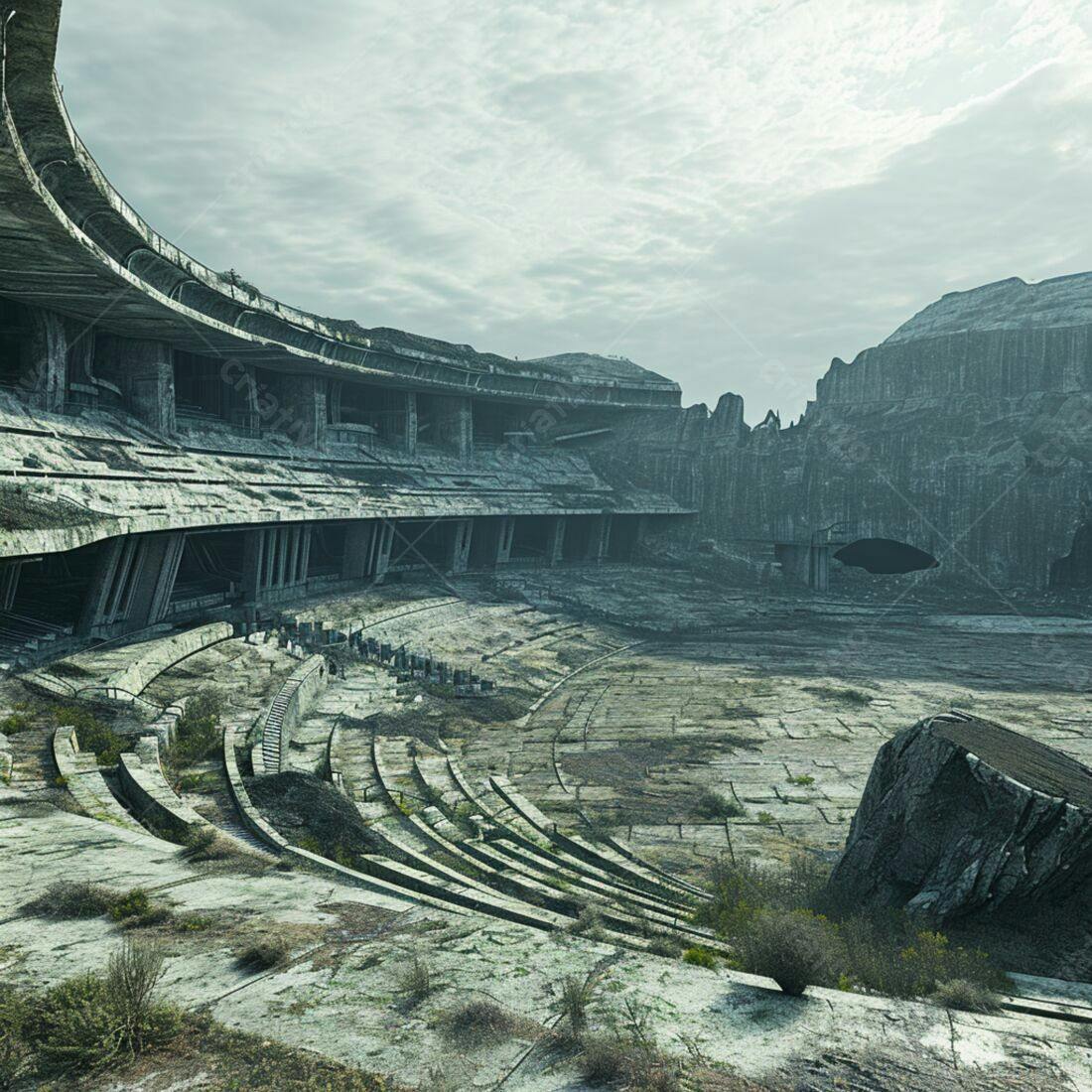 Estádio abandonado em paisagem desolada