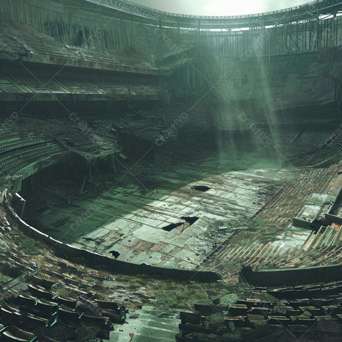 Estádio abandonado em ruínas verde-escuras
