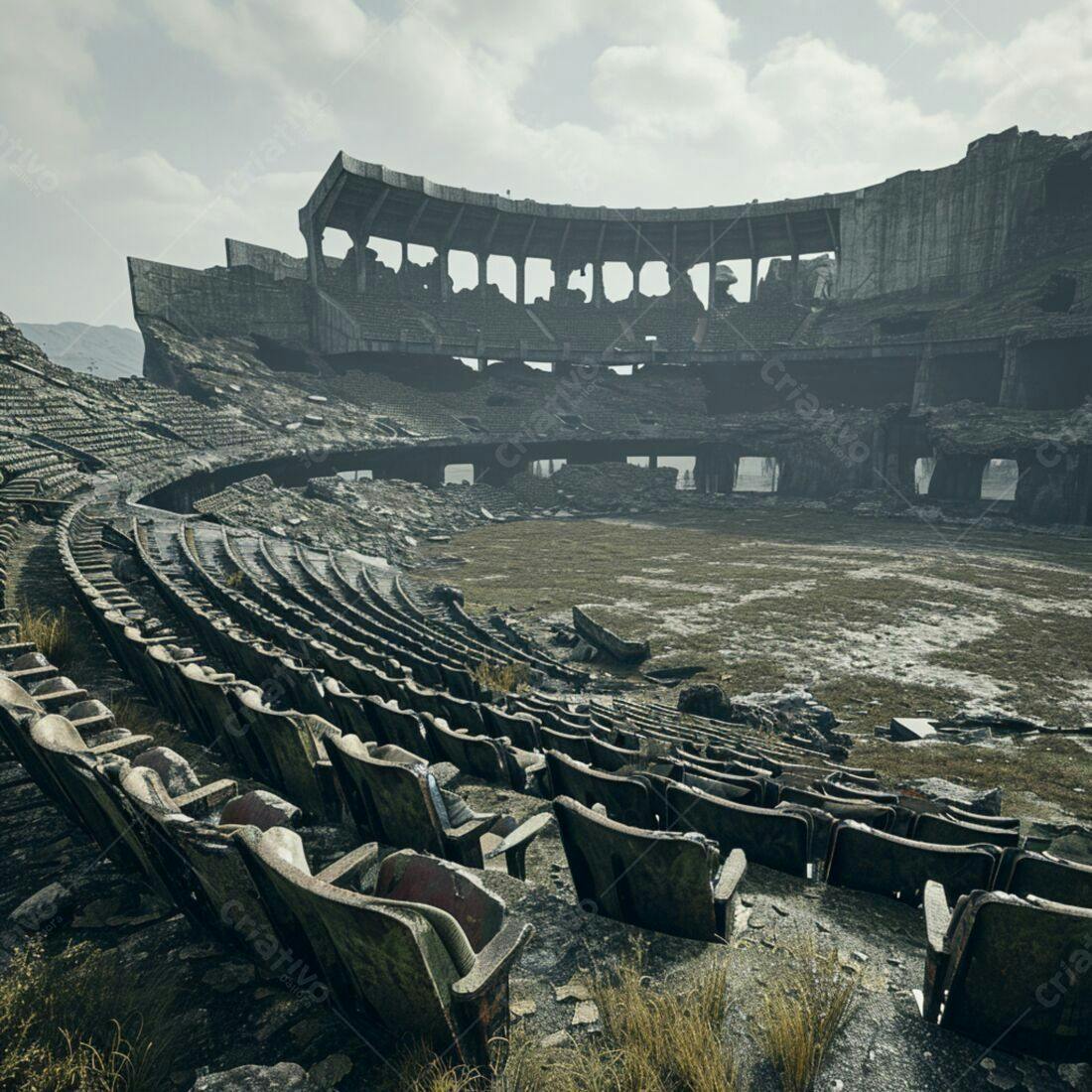 Estádio abandonado em ruínas cinza e verde