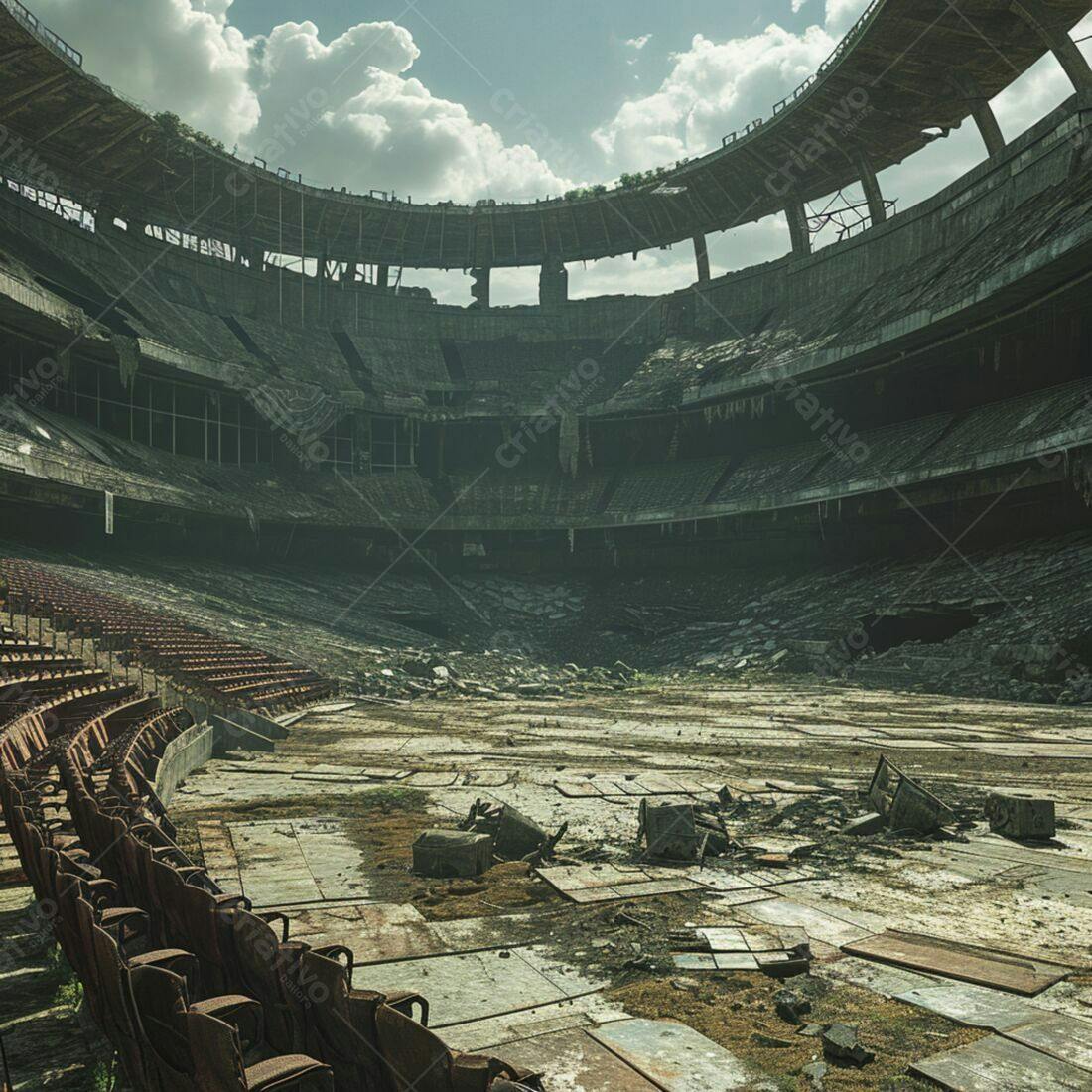Estádio abandonado em ruínas e cinzento