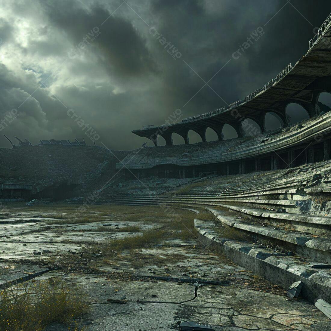 Estádio abandonado em tons escuros