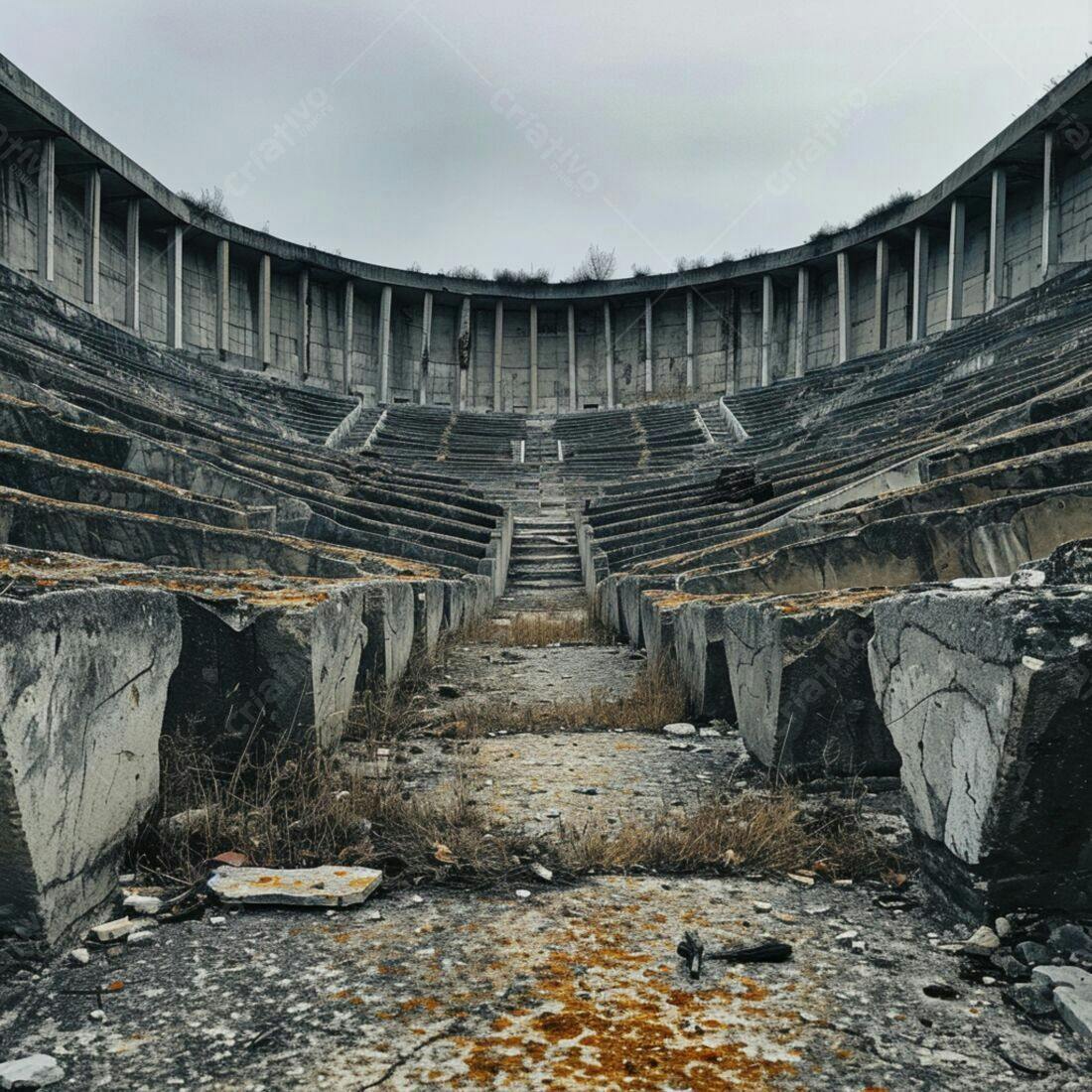 Anfiteatro abandonado em tons de cinza