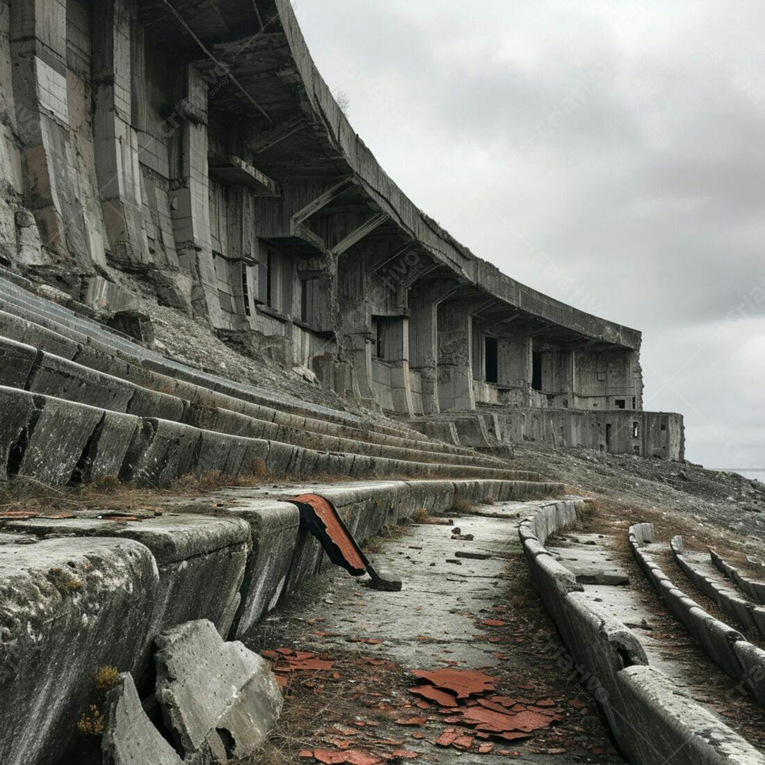 Estádio abandonado em ruínas cinzas