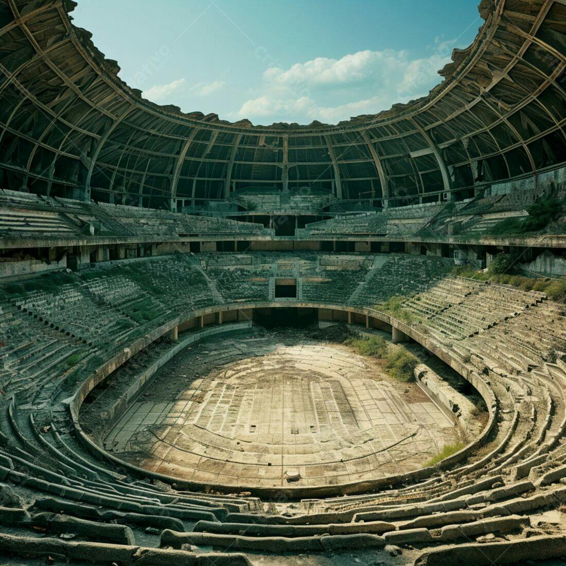 Estádio abandonado coberto de vegetação