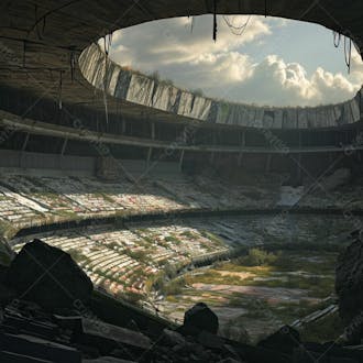 Estadio de futebol quebrado destruído abandonado para composição