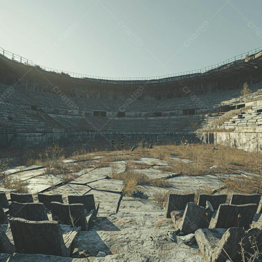 Estádio abandonado coberto de ervas daninhas