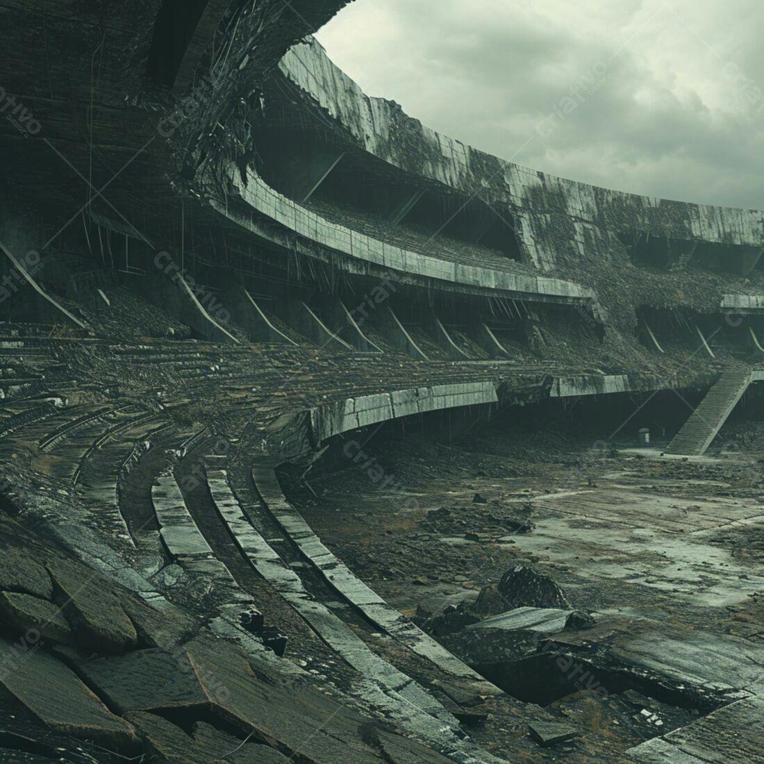 Estádio abandonado em tons de verde e cinza