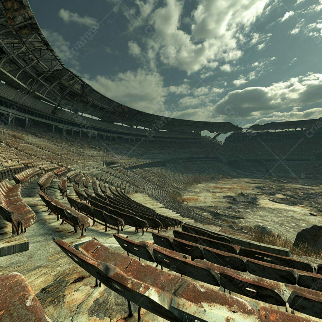 Estádio abandonado e enferrujado sob um céu nublado