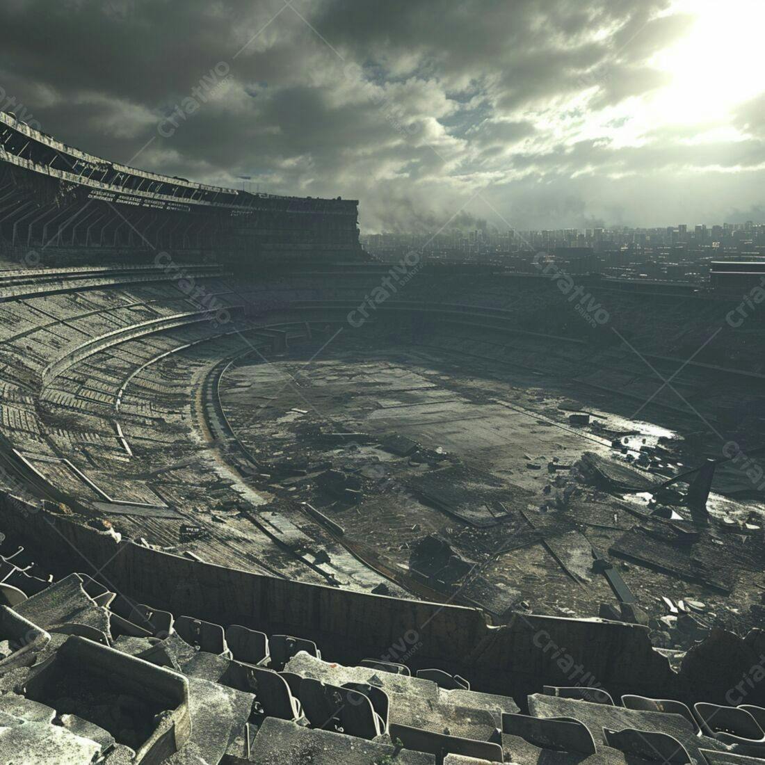 Estádio abandonado pós-apocalíptico