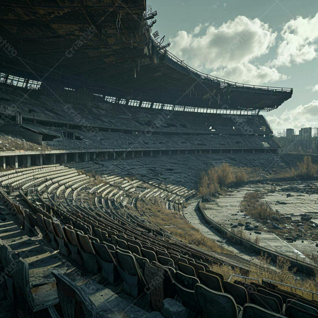 Estádio abandonado em ruínas cinza e marrom