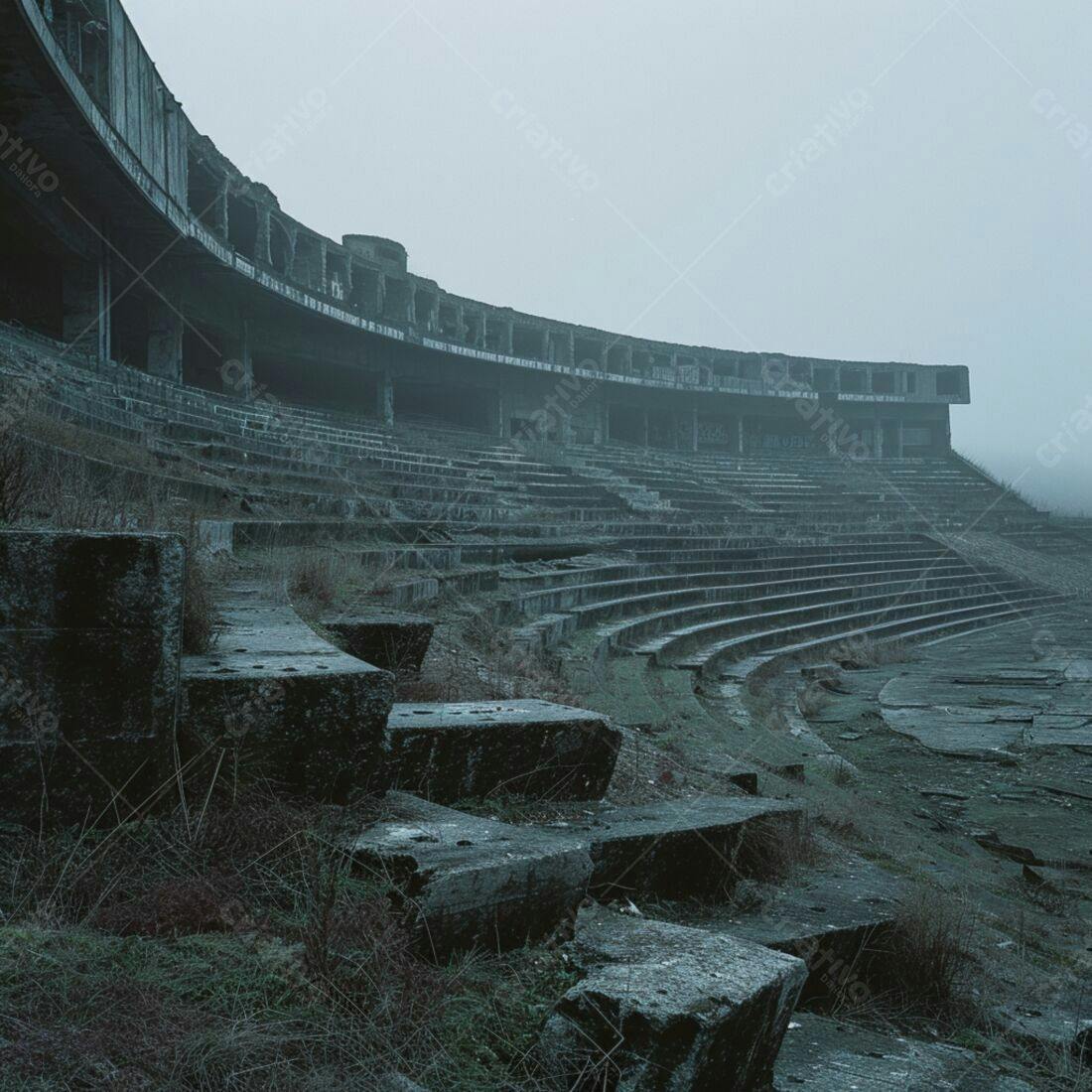 Estádio abandonado em dia nebuloso