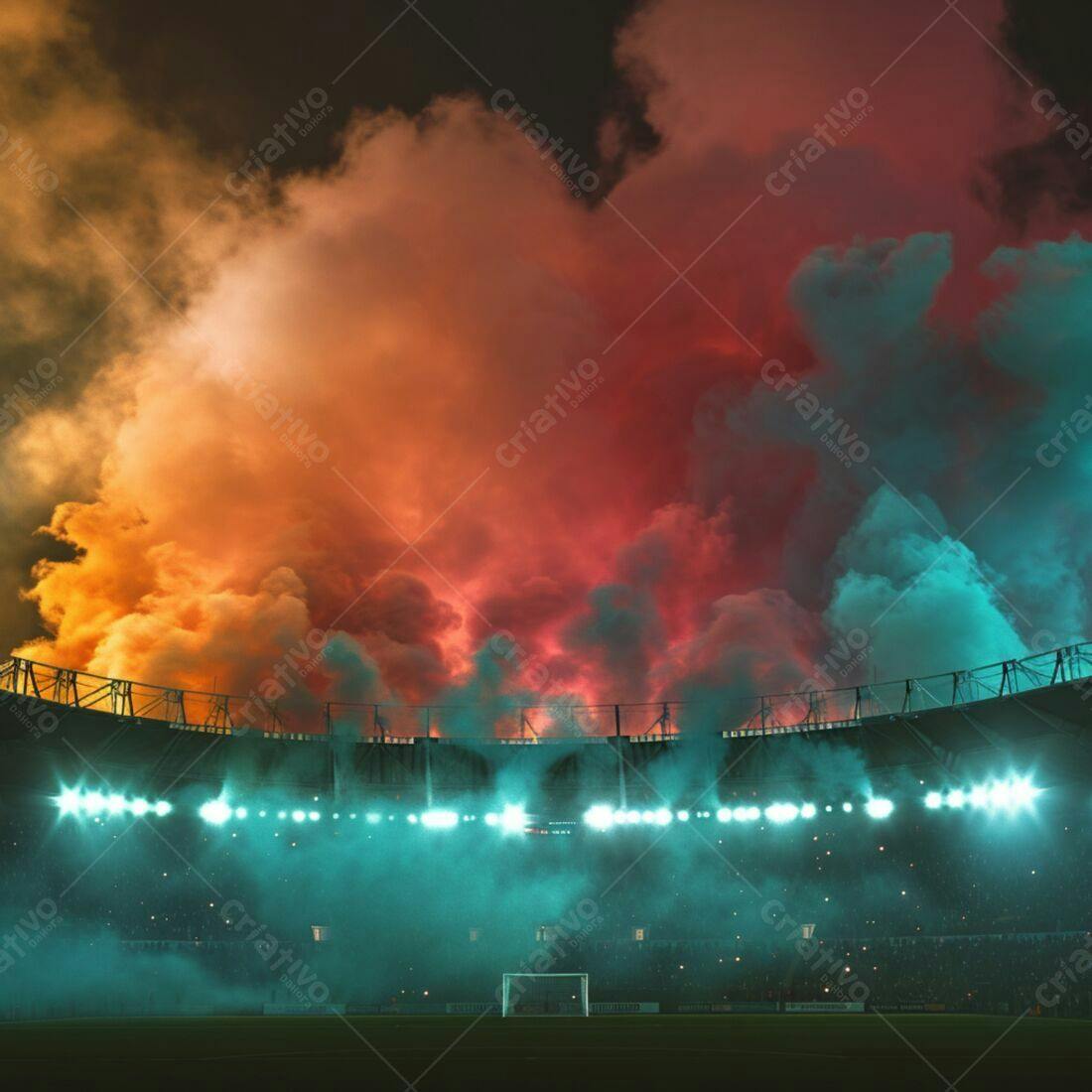 Estádio com fumaça colorida e luzes
