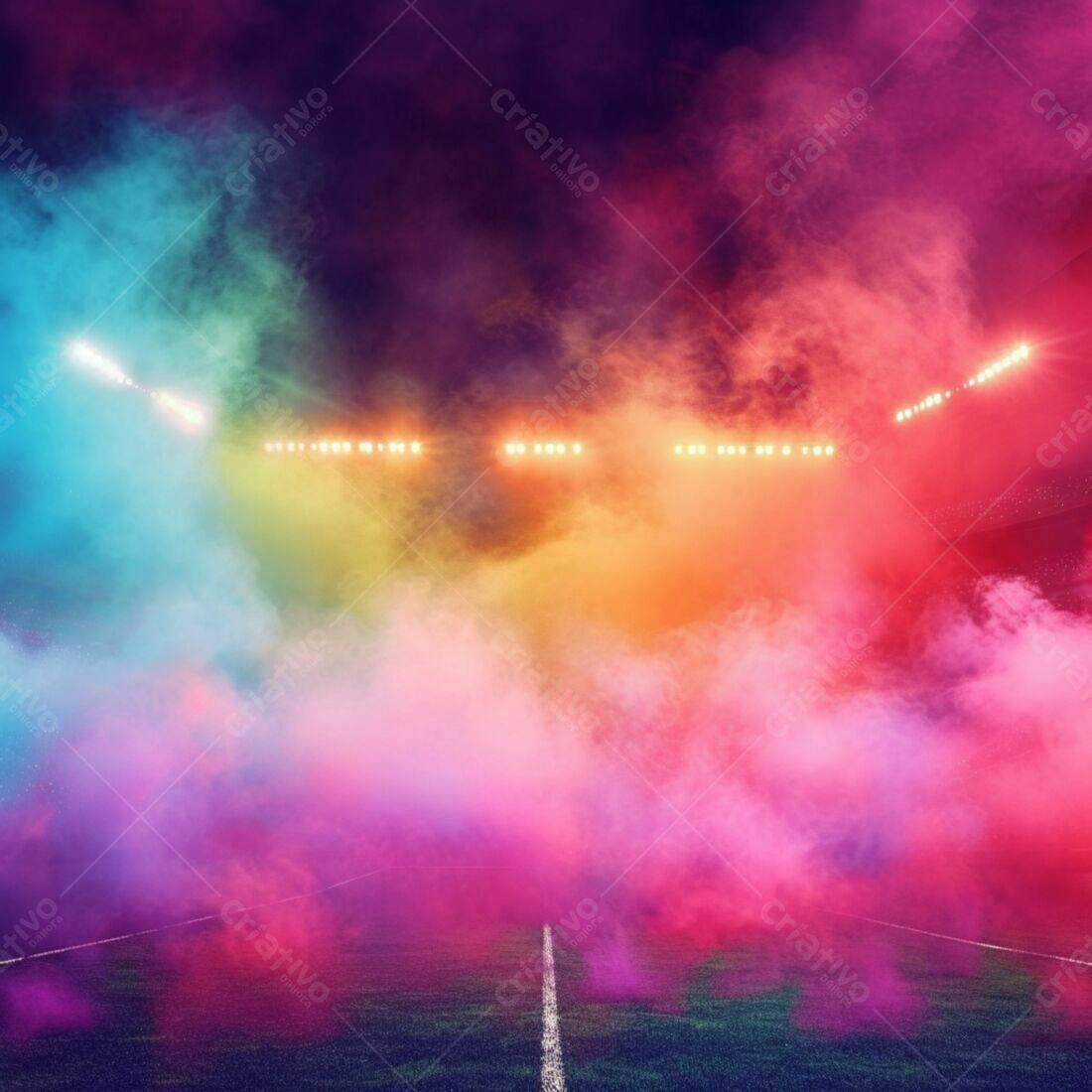 Estádio com fumaça colorida e luzes