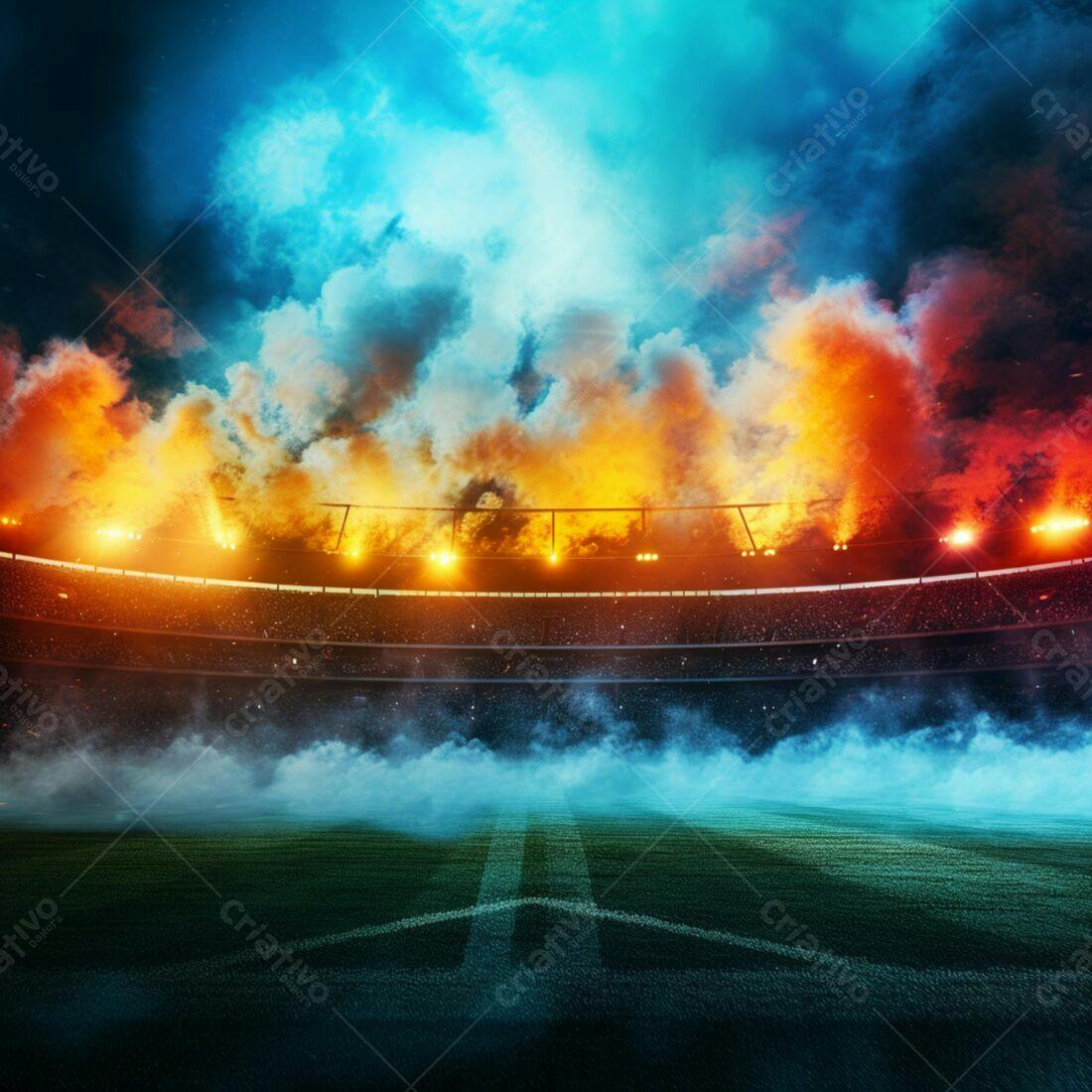 Estádio de futebol com fumaça laranja e azul