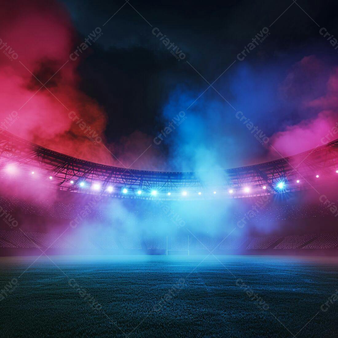 Estádio noturno com fumaça rosa e azul