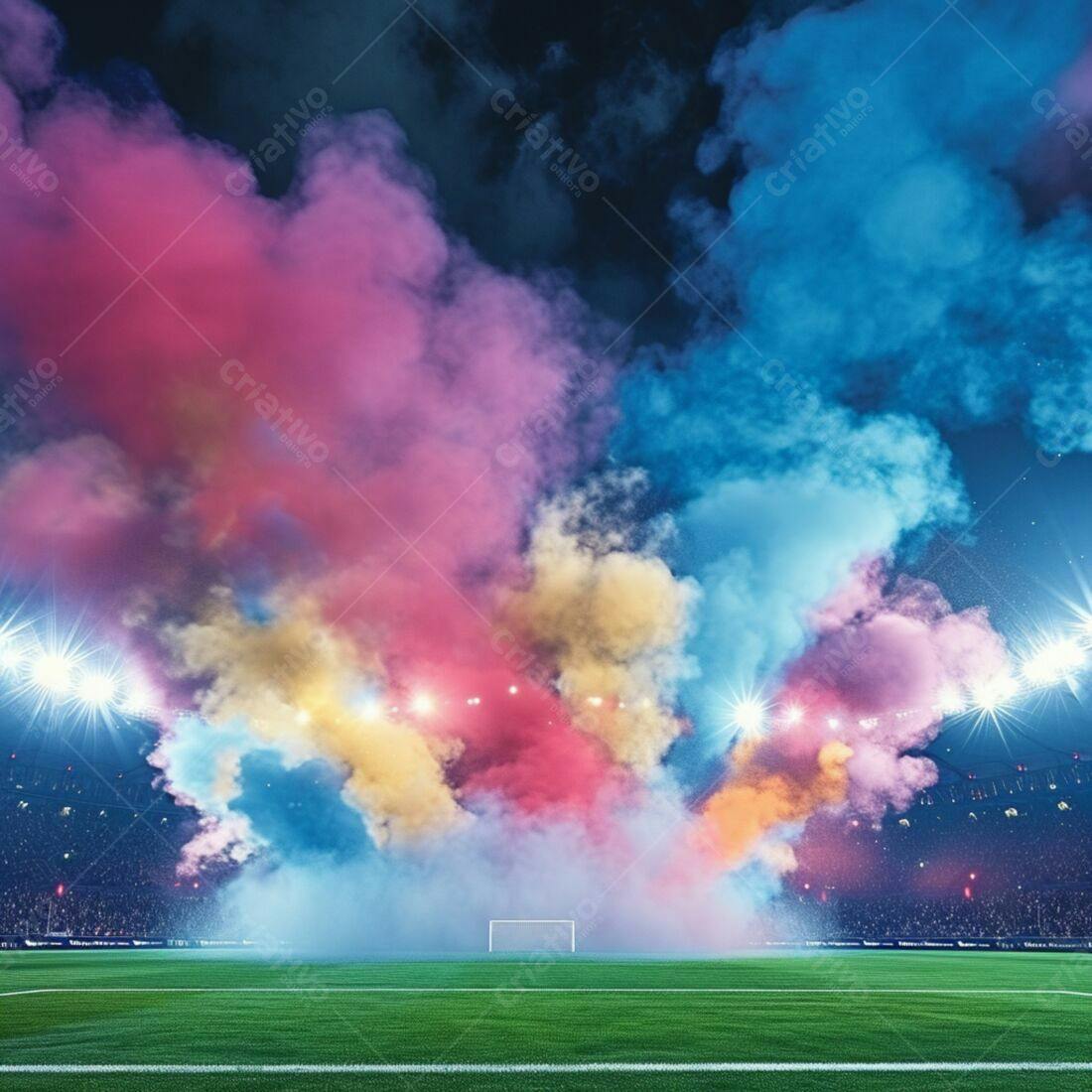 Estádio com fumaça colorida pós-jogo