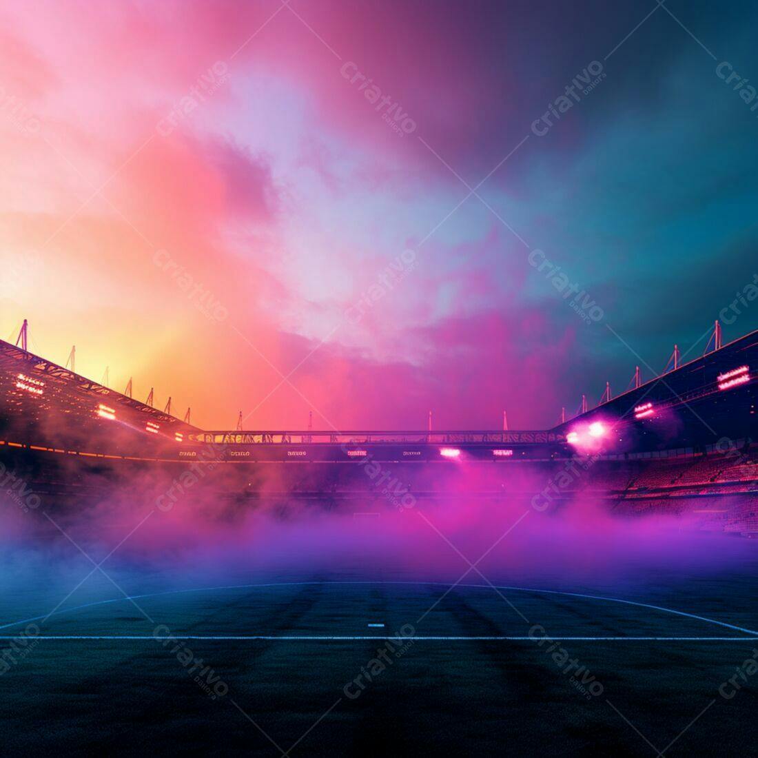 Estádio de futebol com névoa roxa e rosa ao entardecer