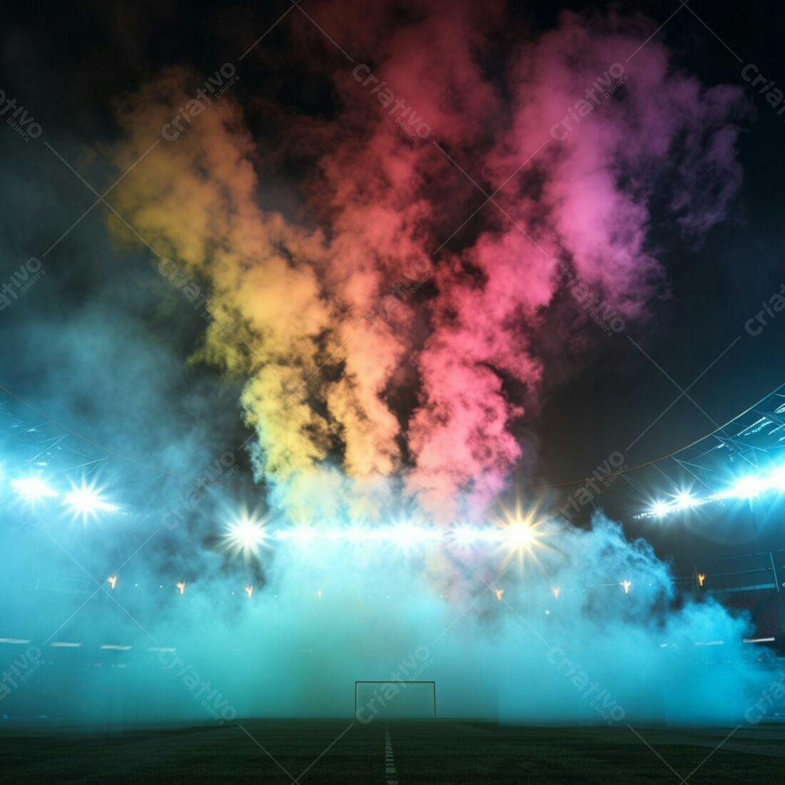 Estádio com fumaça colorida noite