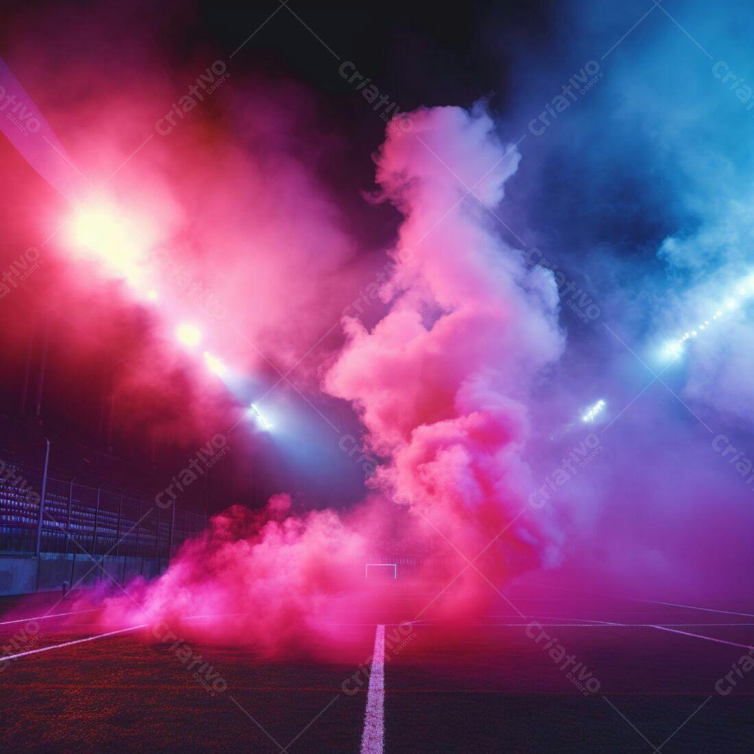 Campo de futebol com fumaça rosa e azul